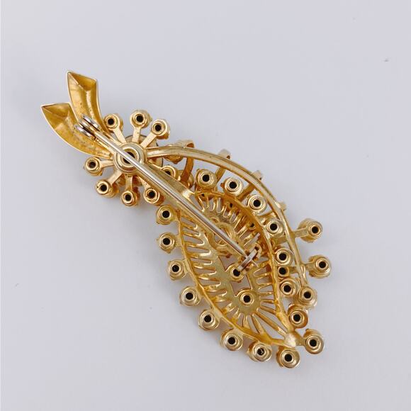 VTG 1950s Brooch Rhinestone Spray Leaf Mid Century Gold Tone Pin Jewelry Sparkly - Picture 8 of 11